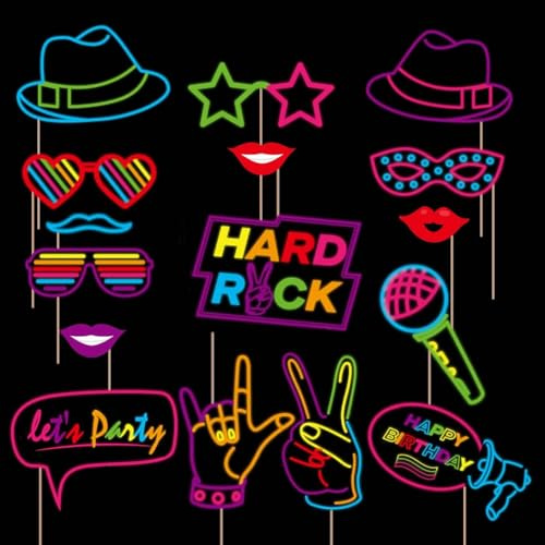 Dusenly 16pcs Glow Neon Photo Booth Props Let's Glow in The Dark Fluorescent Neon Party Photo Props for Birthday Disco Black Light Party Decorations