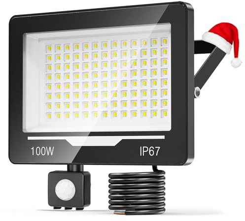 TOPAUBUB 100W 10000LM LED Strahler Fluter mit Bewegungsmelder Außen 1 Stücke, 6500K Kaltweiß Hell LED Scheinwerfer mit Bewegungsmelder, IP67 Wasserdicht Aussenstrahler für Garten Hofbeleuchtung