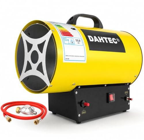 DAHTEC Riscaldatore Mobile a Gas 15 kW - Cannone Termico - Termoventilatore a Gas - Riscaldamento Radiante - Accensione Piezoelettrica - per Cantieri, Officina, Serra