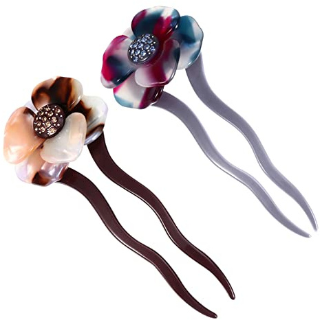 BAZEITFLOW Rhinestone Traditional Floral Hairpin 2pcs U-shaped Acetate Hair Sticks Retro Hair Decor for Women Girls Hanfu Accessories