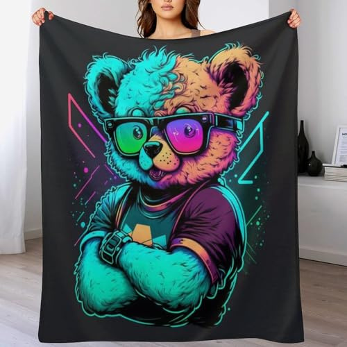 LCWWW Bear with Glasses Throw Blanket Soft Plush Thick Cosy Fuzzy Fluffy Machine Washable Flannel Blankets for All Season Use Bedroom Couch 100×130cm