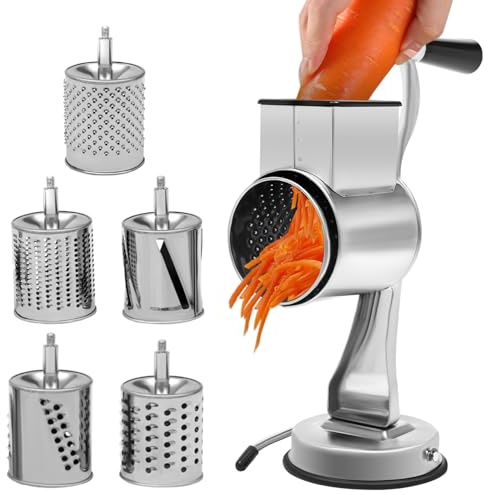 Rallador, hojas de tambor, cortador de verduras de acero inoxidable con 5 tambores de corte, rallador manual, molinillo de nueces, rallador giratorio para hogares, comedores y restaurantes
