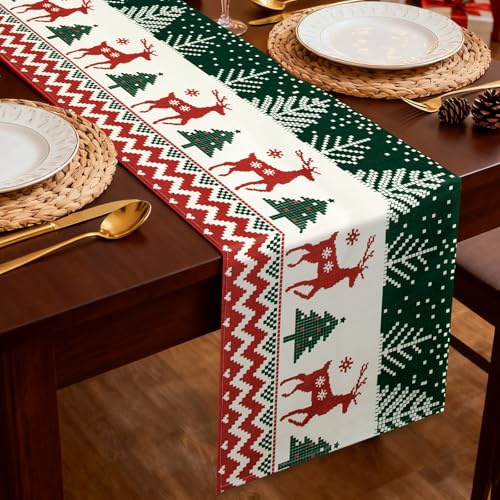 Viosmut Camino de Mesa Navidad 40x140 cm, Camino de Mesa Navideño Lindo Alce Árbol de Navidad Decoracion Mesa Navideño, Moderno Centro de Mesa de Navidad para Adornos de Cocinas Interiores Exteriores