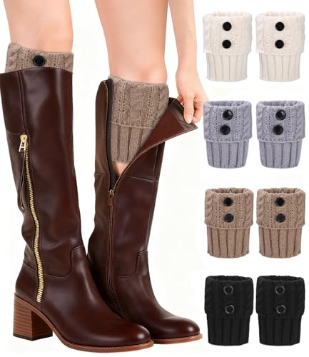 FAOKZE 4 Pares Calentadores Piernas Mujer, Legwarmers de Punto para Invierno,Cortas Ganchillo Cubierta Para Botas y Botines,Cálidos Elásticos Antideslizantes