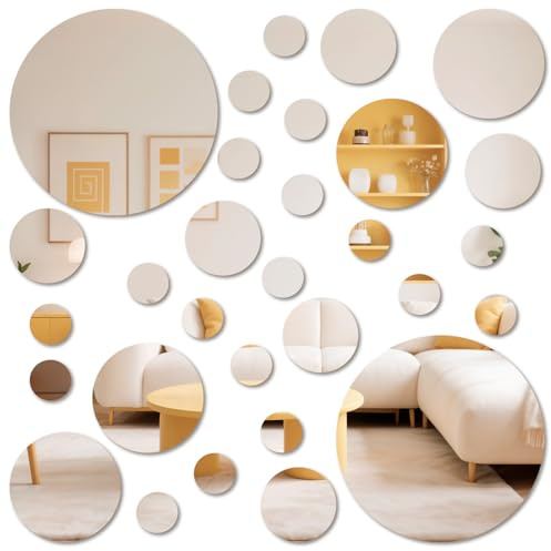 30PCS 4 Sizes Acrylic Mirror Wall Stickers, 3D Wall Art Stickers, Decorative Circle Mirrors for Decor, Small Mirror for for Bedroom, Home, TV Background Decor (Silver, 15/8/5.5/3cm)