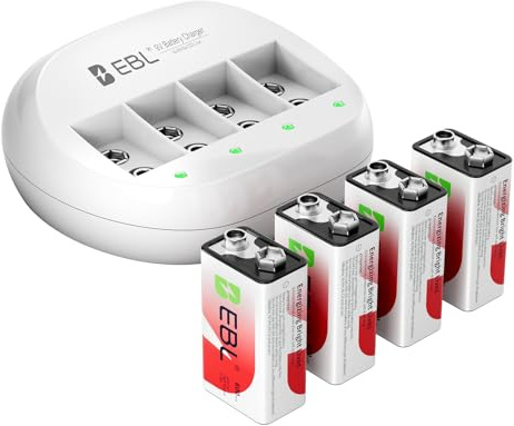 EBL 4 Bay 9V Lithium ion Battery Charger with 600mAh 9V Li-ion Rechargeable Batteries 4 Packs