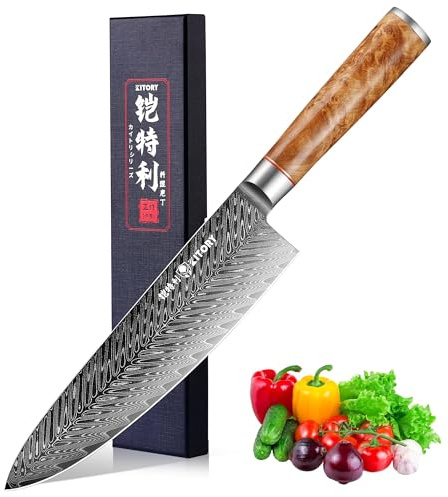 Kitory Coltello da Chef Professionale in Acciaio Damasco 20cm, Coltello da Cucina in Acciaio Damascato a 73 Strati (Nucleo 10Cr15CoMoV), Manico in Pregiato Legno White Shadow - Serie Pro Damasco