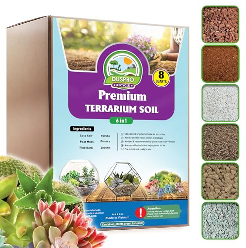 DUSPRO Recycle Premium 6in1 Terrarium Soil Mix – Pre-Mixed Terrarium Substrate Mix for Terrariums, Balanced Moisture Growing Medium with Coco Coir, Peat Moss, Pine Bark, Perlite, Pumice & Zeolite 8QRT