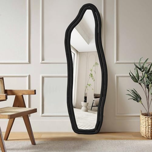 LLODERY Ganzkörperspiegel, Asymmetrischer Gewölbter Bodenspiegel Groß, standspiegel aus Flanellumwickeltem Holzrahmen, Bodenspiegel, für Schlafzimmer, Wohnzimmer, Garderobe, Schwarz