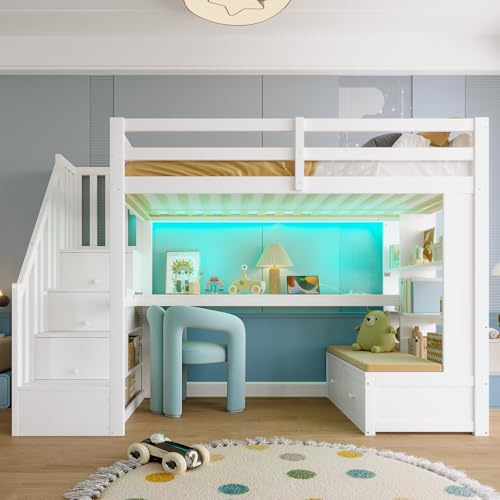 Etagenbett 90x200 mit LED & USB-Ladesteckdose, Kinderbett Hochbett mit Schreibtisch&Bücherregal&Stauraumtreppe&Schubladen, Kieferholz Funktionsbett Stockbett Spielbett Jugendbett, Ohne Matratze,Weiß