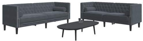Yisssmeng 2-TLG. Chesterfield Samt Sofa Set 174x194 cm Dunkelgrau mit Nackenrollen Modernes Wohnzimmer Couch Möbel Recamiere ausziehbar für Living Room Bedroom