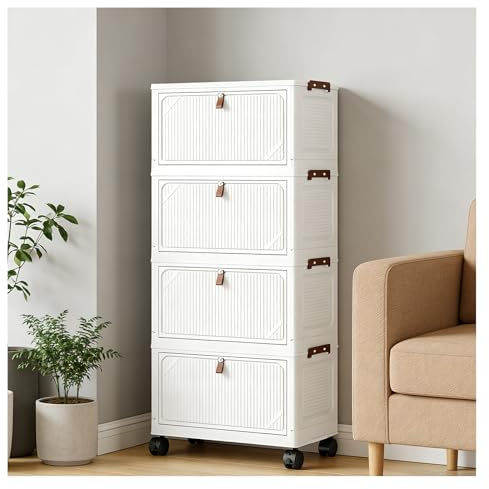 SlateSoul Aufbewahrungsbox mit Deckel, 32L*4 Boxen Aufbewahrung, Stapelboxen mit Deckel, Faltbare Aufbewahrungsboxen mit Tür und Rollen, Klappbox für Haus und Büro, Weiß