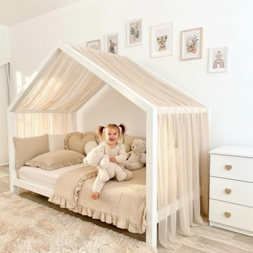 Baby Fancyroom Hausbett Himmel aus Tüll, Handgefertigt, Gekräuselt, Baldachin, Betthimmel für Kinderbett Kinderzimmer (Beige, 320cm)