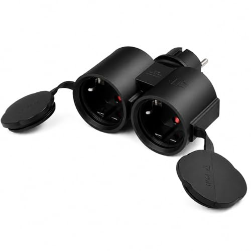 Doppelstecker für Steckdose, Max 3680W/16A/250V IP44 Steckdosenadapter, Mehrfachsteckdose Doppelstecker Außen Spritzwassergeschützt Schutzkontaktsteckdose für den Innen- und Außenbereich (Schwarz)