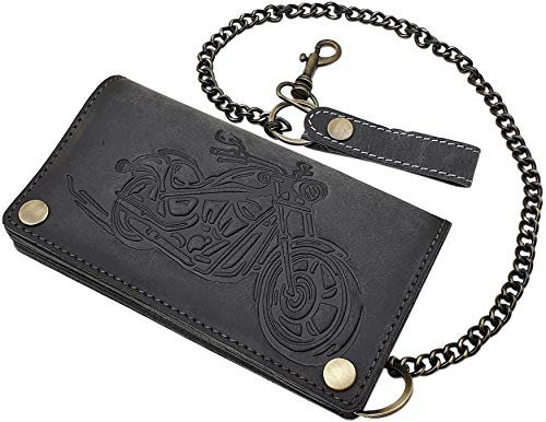 myledershop Echt Büffel-Vollleder Querformat Bikerbörse/Geldbörse/Geldbeutel/Portemonnaie/Portmonee mit Metallkette mit herausnehmbarem Kartenetui mit RFID & NFC Schutz in 3 Farben (Grau)