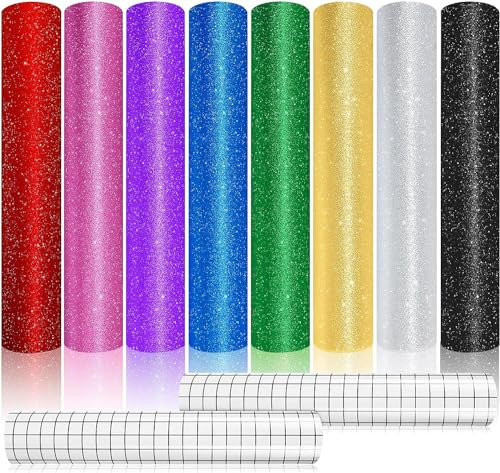 PHOGARY 8 st glitter hantverk vinyl självhäftande med 2 st överföringsblad, 30 x 30 cm vattentät permanent vinyl för de flesta hantverksskärare, skrivare, gör silhuett bokstäver ogräshantverk