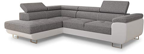 Ecksofa Caris mit Schlaffunktion und einstellbare Kopfstützen, Wohnlandschaft mit Bettkasten, Couch, Sofa, Bettsofa (Weiß + Grau (Soft 017 + Sawana 21), Ecksofa Links)
