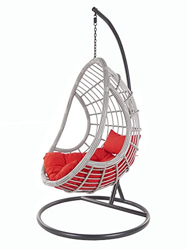 KIDEO PALMANOVA großer Hängesessel inklusive Gestell und Kissen, Korbsessel, Polyrattan, grau (Kissen: Chesterstepp rot [3050 Scarlet])