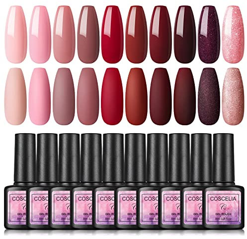 Coscelia UV Nagellack Set - 10 Farben Nudetöne, 8ml - Soak-Off UV Shellac Maniküre Geschenk für Anfänger, Rot Rosa Brun