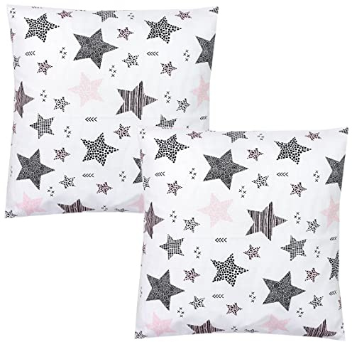 TupTam Kinder Kissenbezug Dekorativ Gemustert mit Hotelverschluss 2er Set, Farbe: Sterne Rosa/Schwarz, Größe: 80 x 80 cm