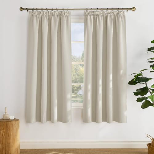 PONY DANCE Gardinen mit Kräuselband Thermo Vorhänge gegen Hitze | 2er Set, H 175 x B 140 cm, Hellbeige, für Schiene, Verdunklungsvorhänge, Kurz, Blickdicht, Übergardinen, für Wohnzimmer