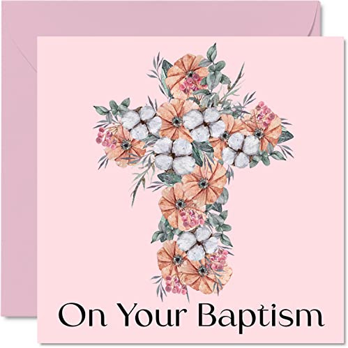 Cartes de baptême pour filles et elle – On Your Baptism – Crucifix floral – Carte de félicitations de baptême, première communion pour filles, 145 mm x 145 mm, cadeaux chrétiens, cartes de vœux