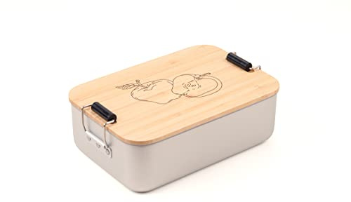 TROIKA Fiambrera con cierre de clip y diseño de manzana de aluminio y bambú, tapa utilizable como tabla de cortar, dimensiones: 18 cm x 11,6 cm x 5,5 cm, BOX22-A187
