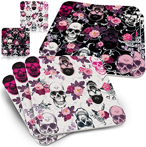 Funke & Brand Totenkopf mit Rosen - 50x Untersetzer für Gläser Eckig - Bierdeckel Skull - Ausgefallene Rockabilly Deko - Coaster Getränkeuntersetzer Totenkopf