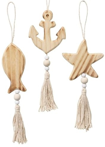 3 STK Holzhänger - Anker Seestern Fisch - b133 Creme beige 22cm Gartendeko Maritime Deko Hänger Dekoration Gartenfans Dekohänger Geschenk Spruch