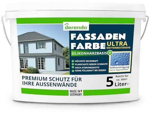 derendo Fassadenfarbe Blau ULTRA Silikonharzfarbe Babyblau aussen 5l | Für Putz Beton, Abperleffekt, wasserabweisend, UV-beständig, hohe Deckkraft, rissfüllend, diffusionsoffen, Made in Germany,