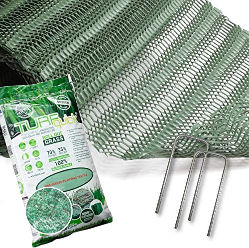 GrassProtecta® befahrbares Rasengitter aus Kunststoff, grün, 1,2kg/m², inklusive Befestigungs-Pins und Turfquick Rasensamen-Vlies (40m² = 4X 10m²-Pakete)