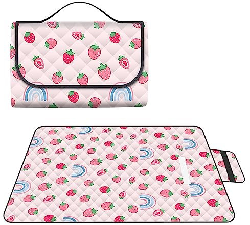 Yoonqun Picknickdecke 200x200cm,Wasserdicht Strandunterlage,Rosa Erdbeere Regenbogen Stranddecke XXL Weiche Campingdecke mit Tragegriff Strandmatte für Park,Garten,Strand,Waschbar