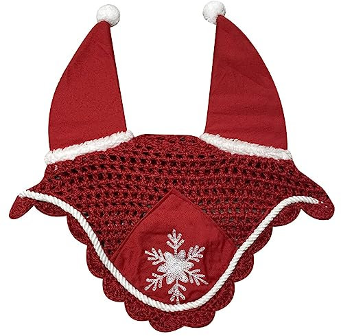 Horses Fliegenhaube Weihnachten Fluffi PonPon Rot Full für Pferde, leicht und atmungsaktiv, weicher und elastischer Stoff, schützt das Pferd vor Hitze und Insekten