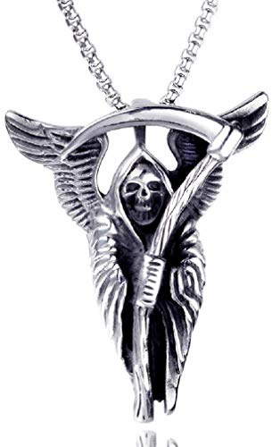 Collier tête de mort pour hommes, Collier gothique avec pendentif tête de mort faucilles et chaîne de 23,6 pouces, Collier Crâne Ailes, Collier amulette totem tête de crâne rétro, Bijoux crâne punk