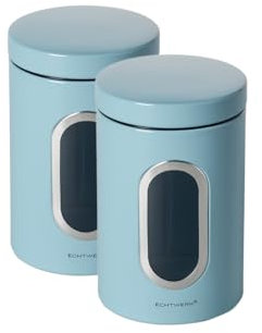 ECHTWERK Elegante set di 2 barattoli - azzurro, contenitori per la conservazione di farina/zucchero/cereali/tè, barattolo in metallo con coperchio ermetico e ampia finestra di visualizzazione
