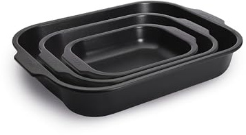 WOLL – Bratreinen Set 3-tlg. – Antihaft-Auflaufformen aus aluminisiertem Stahl mit Silikongriffen – PFAS-frei – backofenfest bis 260 °C – langlebige Backformen schwarz