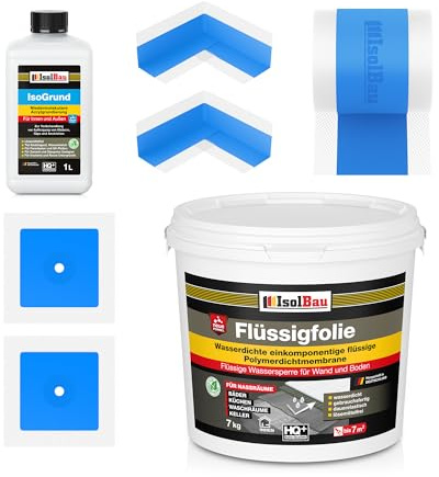 Isolbau Dicht-Set - Inkl. 1x Flüssigfolie (7 kg), 1x Isogrund (1 L), 1x Dichtband (5 m), 2x Innenecken & 2x Manschetten