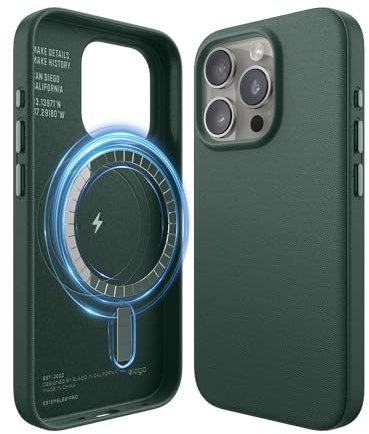elago Magnetische Lederhülle für iPhone 15 Pro | Kompatibel mit MagSafe, starke Magnetkraft, Leder, Rundumschutz Leder (Nachtgrün)