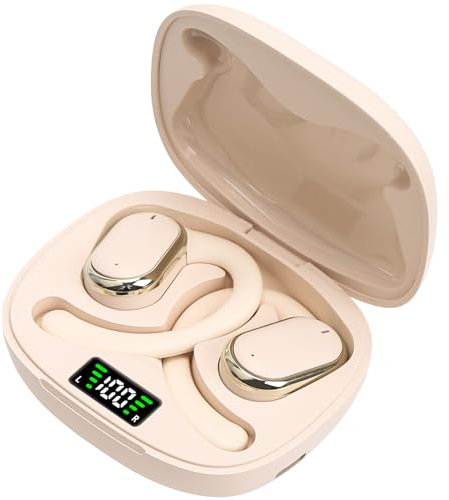 ROTRES Casque de Sport sans Fil, Casque Bluetooth 5.3 Ouvert, avec Micro HD et Annulation du Bruit ENC, Basses Améliorées, Affichage LED, Casque Bluetooth étanche IPX7 pour iOS et Android, Nude