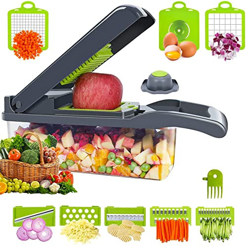 Cortador de verduras, cortador de cubos, cortador multifunción 14 en 1, Inoxidable picadora de cebolla, cortador de pepinos para cepillar frutas y verduras, zanahoria, patata, tomate