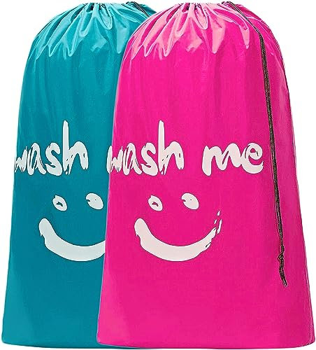 CJWLKJ 2-Pack XL Travel Laundry Bags, Machine Washable Dirty Clothes Organizer, Large Enough to Hold 4 Loads of Laundry, Easy Fit a Laundry Hamper or Basket (Pink+Blue, 24 x 36)