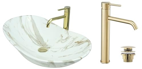 GTM Design Aufsatzwaschbecken Set mit Waschtischbatterie und Stopfen - Aufsatzwaschbecken Oval für Badezimmer - Modern Waschbecken ohne Hahnloch - Waschbecken mit Armature - Modell 8