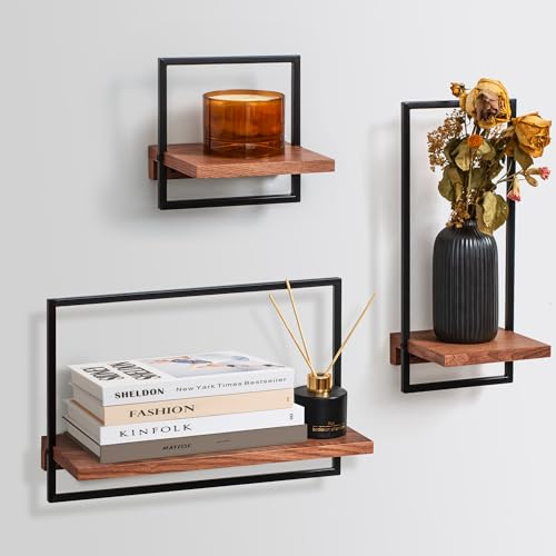 LUA TREND 3er Set Eiche Regal für Wände, Wanddekoration aus Metall und echtem Furnierholz, japanischer Stil, für Wohnzimmer, Küche, Schlafzimmer