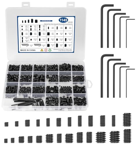 1145PCS 25 Sizes Metric & SAE Set Screw Assortment Kit,12.9 Class Alloy Steel Internal Hex Drive Cup-Point Set Screws Assortment Kit with 10 Hex Wrenches, M3 to M8 and 1/8-40 to 5/16-18