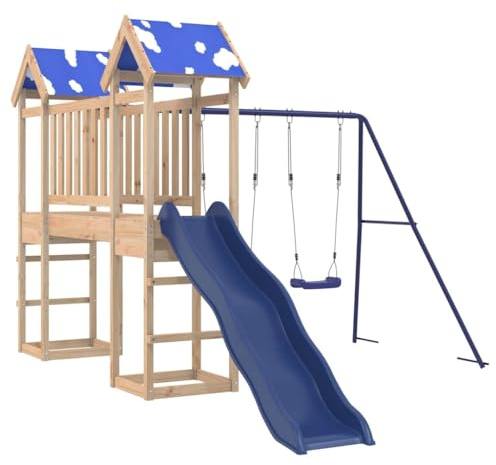 vidaXL Spielturm, Klettergerüst mit Dach Rutsche Schaukeln Brücke, Kinder Kletterturm Spiel-Zubehör für Garten, Holz Spielplatz Spielhaus, Massivholz Kiefer