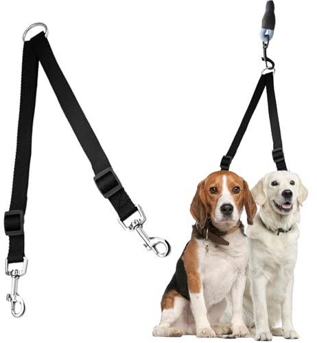 Double Ended Lead for Dogs,1 Pcs Double Lead for 2 Dogs,Adjustable Double Dog Lead,Double Ended Dog Lead for Harness,Black Double Clip Dog Lead for Harness and Collar