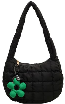 SUNAVY Handtasche Klein Hobo Bag Halbmond Gesteppte Tasche Kleine Umhängetasche Damen y2k Tasche Weiche Faltbare Schultertasche Damen mit Reißverschluss Puffer Tote Bag (Schwarz)