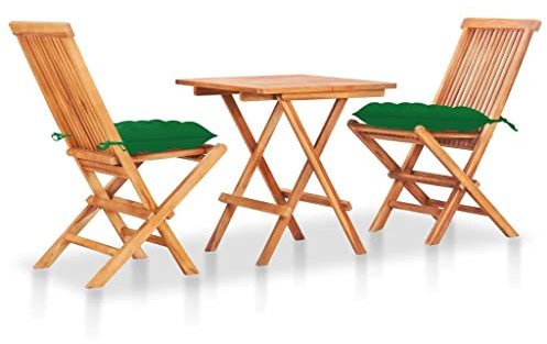 THOYTOUI 3-TLG. Bistro-Set mit Grünen Kissen Massivholz Teak, Balkonmöbel Set Outsunny gartenmöbel Lounge möbel Outdoor Gartenlounge Outdoor Geeignet für Veranda Garten Terrasse Balkon