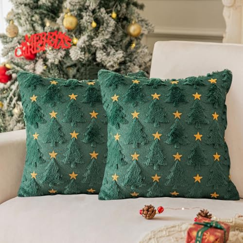 Generisch 2er Set Kissenbezug Weihnachten, Weihnachtsdeko Kissenbezug, Weihnachtskissenbezug Flauschige Kissen Weihnachten Kissenbezüge Winter Kissenhülle Weihnachtsdeko Innen (Grün-Baum, 50x50 cm)