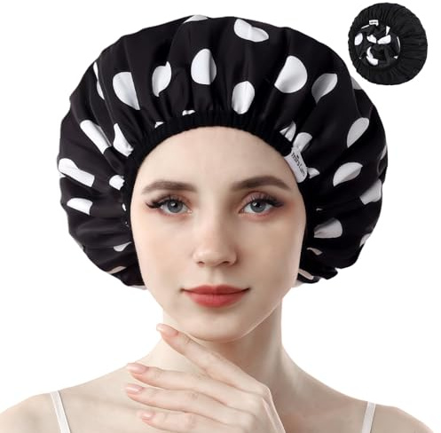Years Calm Duschhauben für Frauen, wiederverwendbar, wasserdicht, Muster und einfarbig, zweilagiges Design für, schützt das Haar in der Dusche, Spa, Kochen, Reinigen und Reisen（Extra groß，schwarz.）